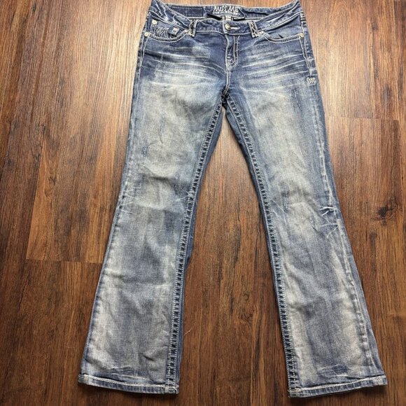Miss Me Easy Boot Jeans Embroidered Flap Pockets Distressed Medium Wash Size 29 - Picture 1 of 13